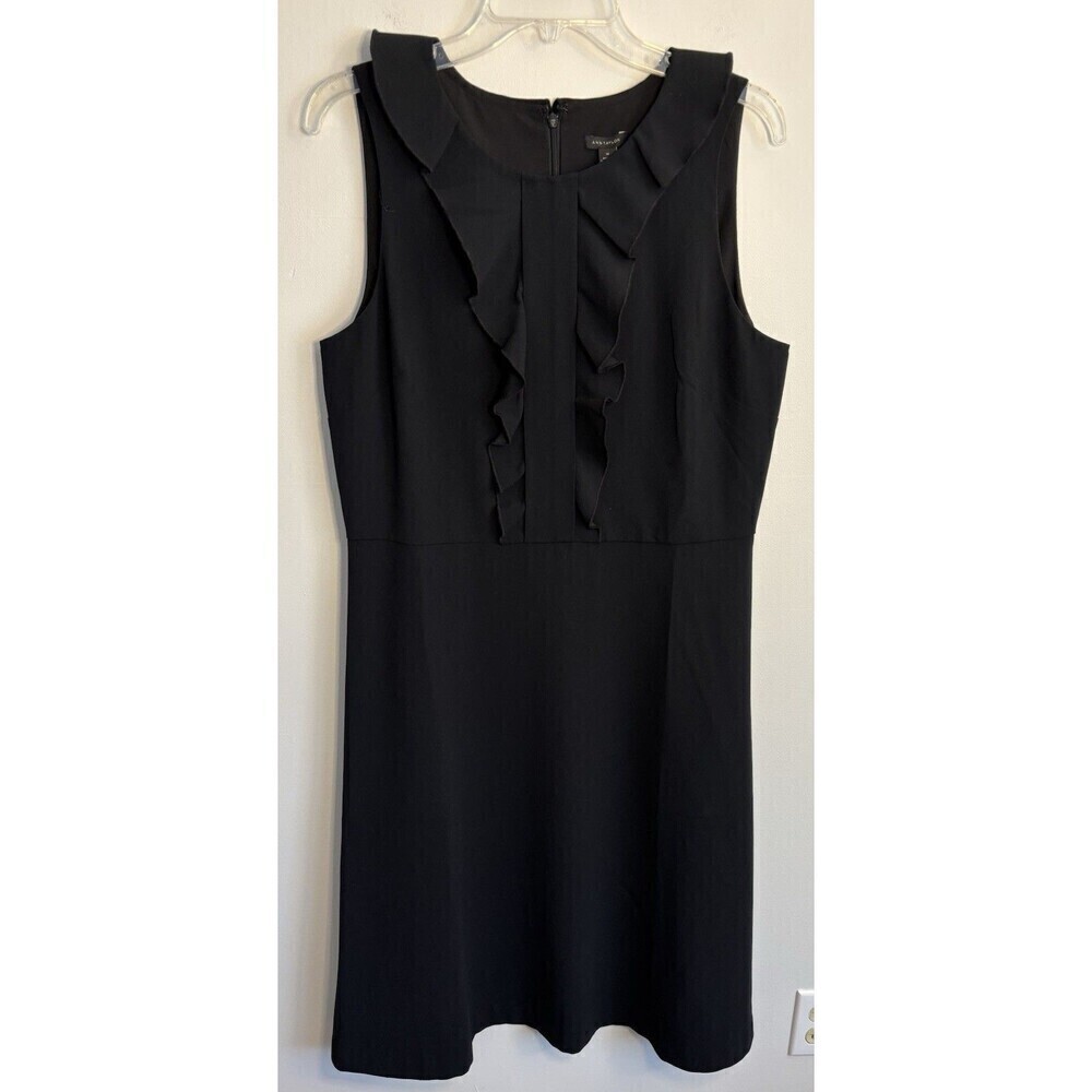 ANN TAYLOR Ruffle Neck Black Sheath Dress Women 14 Sleeveless Knee Length Career